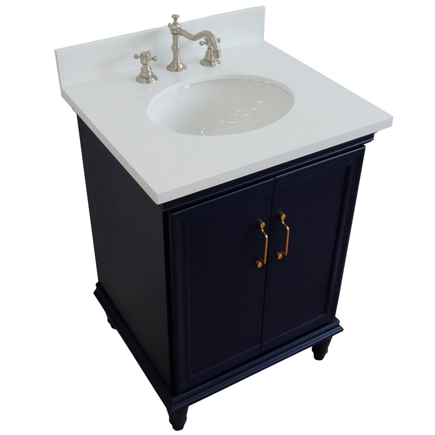 25" Single vanity in Blue finish with White engineered stone and oval sink