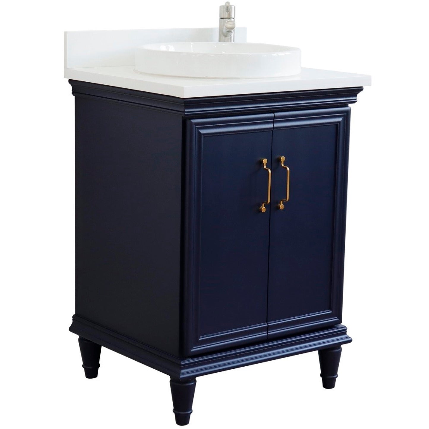 25" Single vanity in Blue finish with White engineered stone and round sink