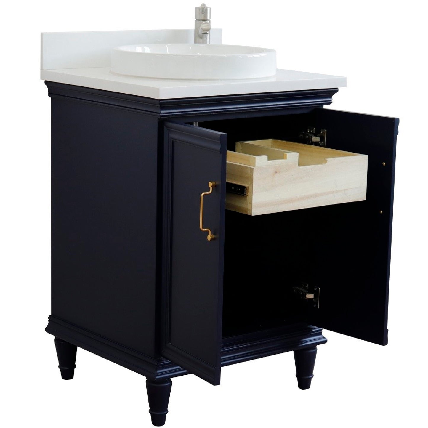 25" Single vanity in Blue finish with White engineered stone and round sink