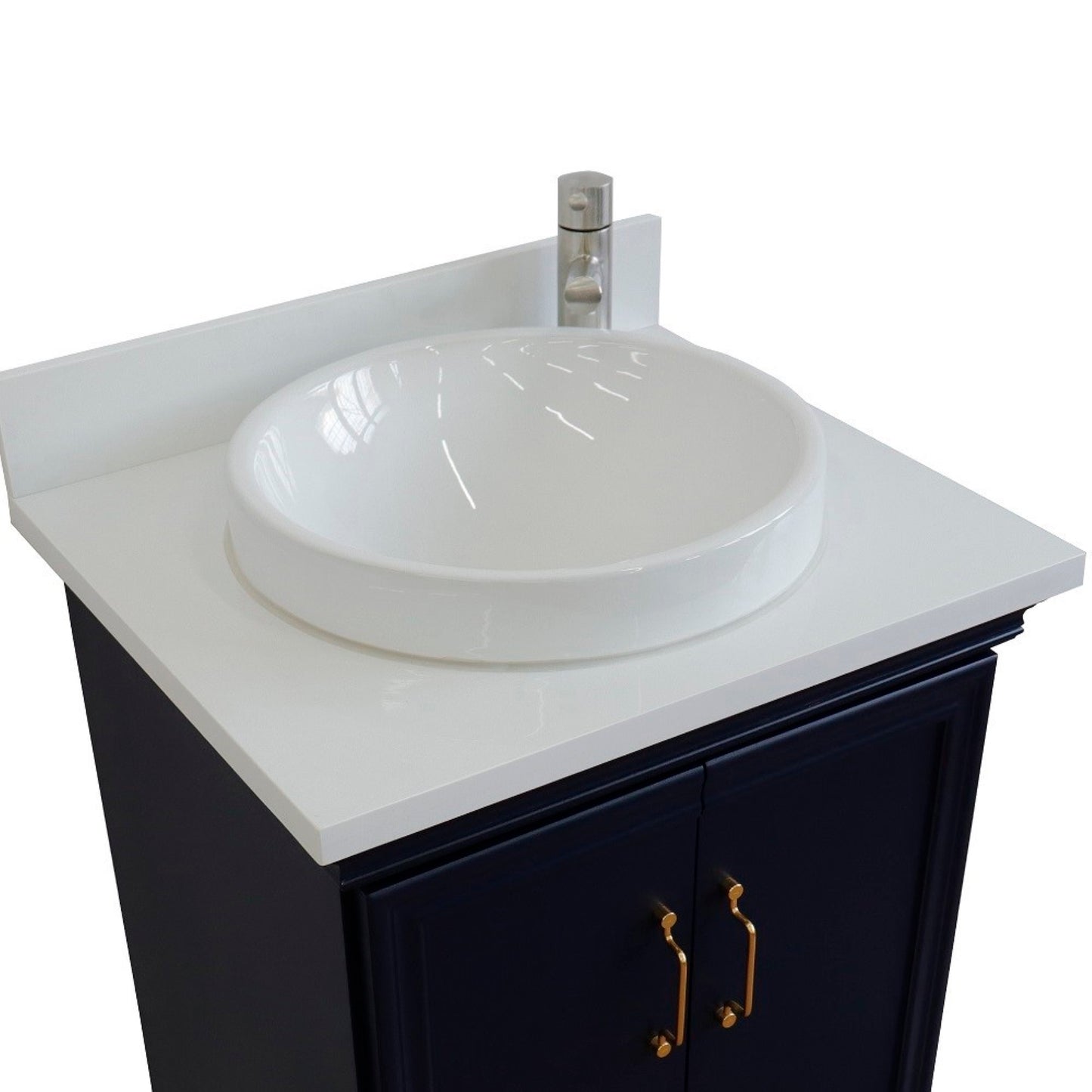 25" Single vanity in Blue finish with White engineered stone and round sink