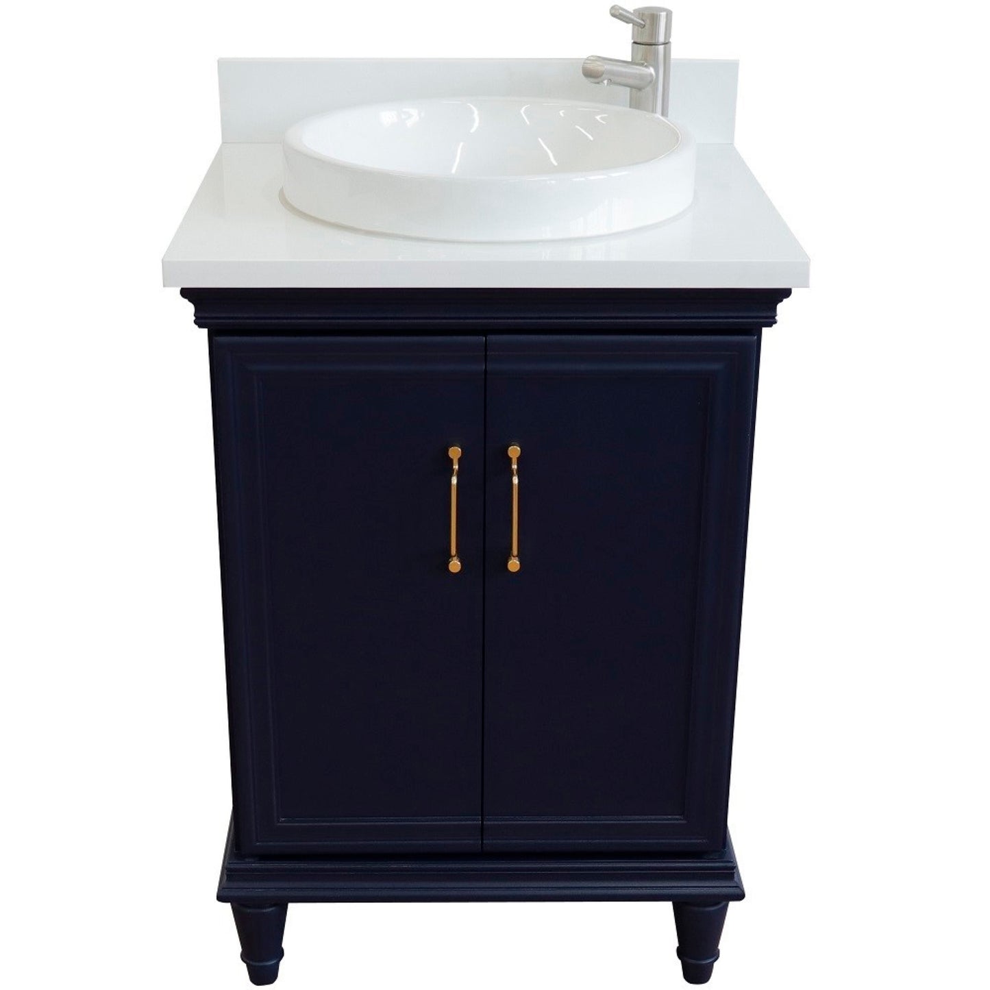 25" Single vanity in Blue finish with White engineered stone and round sink