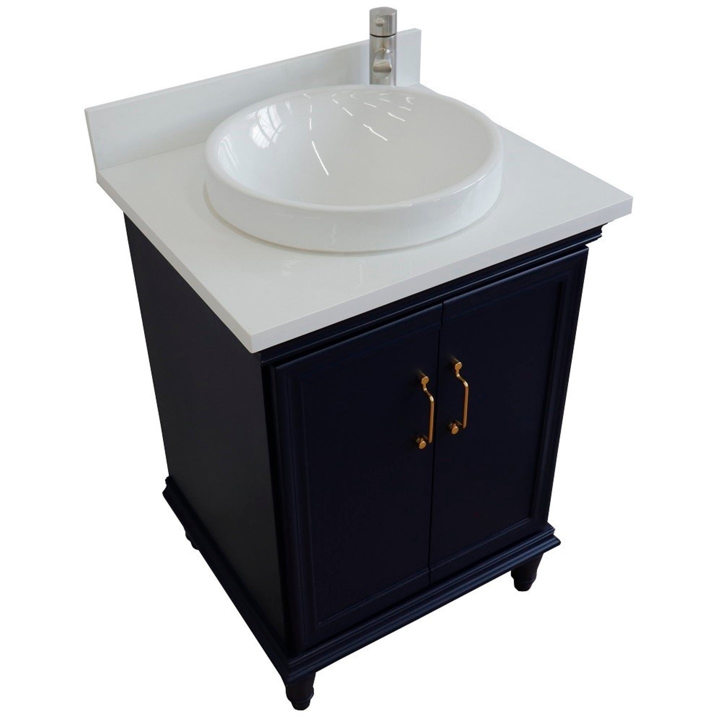 25" Single vanity in Blue finish with White engineered stone and round sink