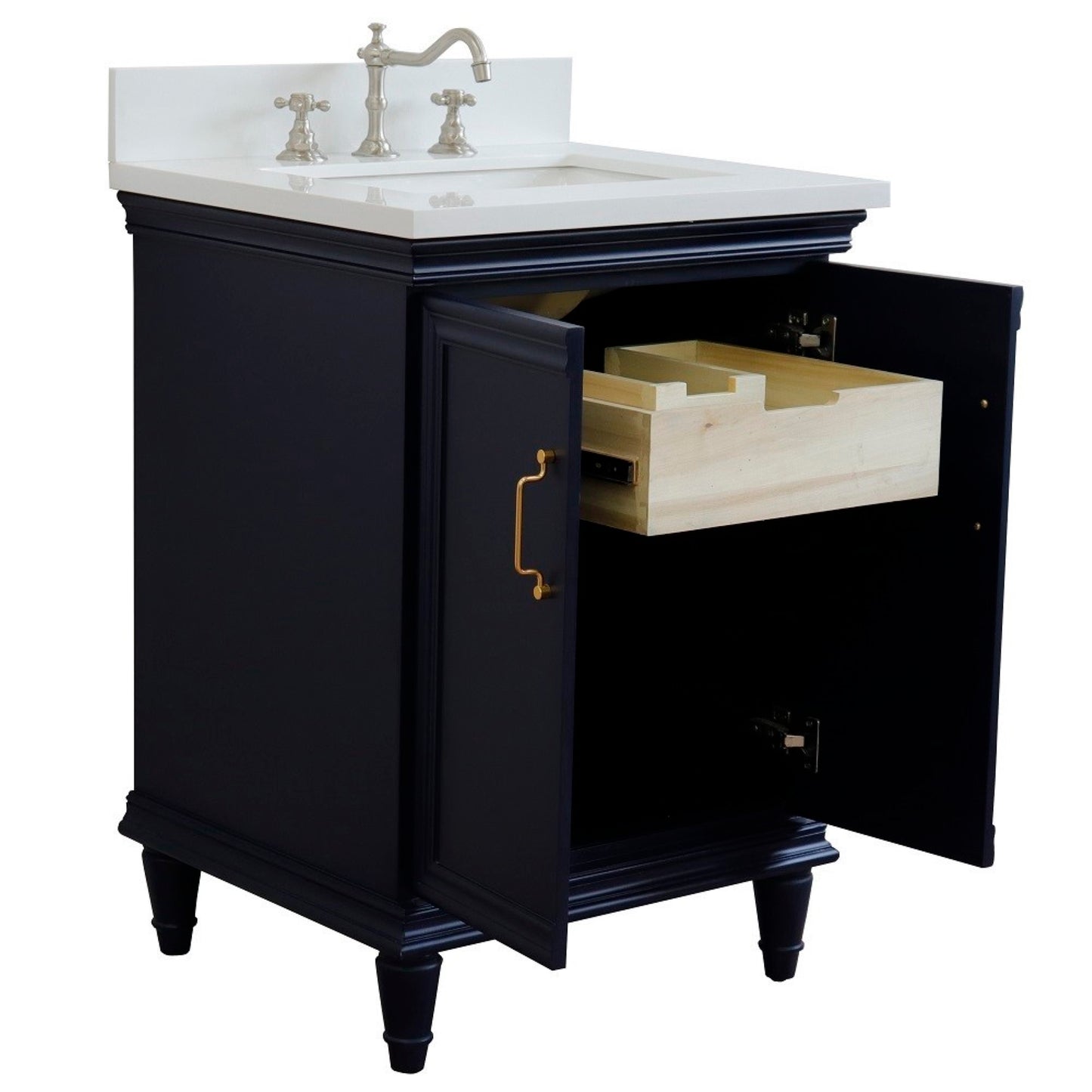 25" Single vanity in Blue finish with White engineered stone and rectangle sink