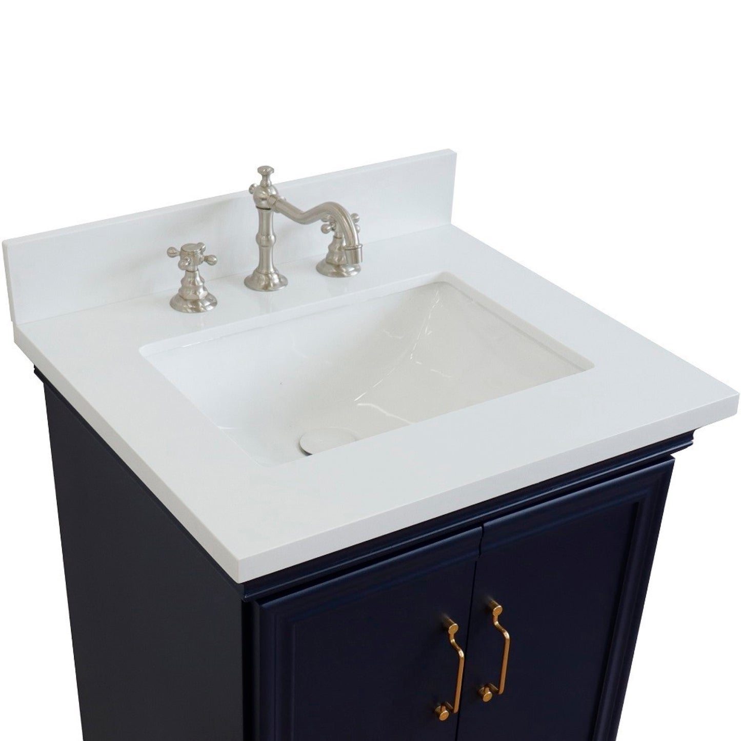 25" Single vanity in Blue finish with White engineered stone and rectangle sink