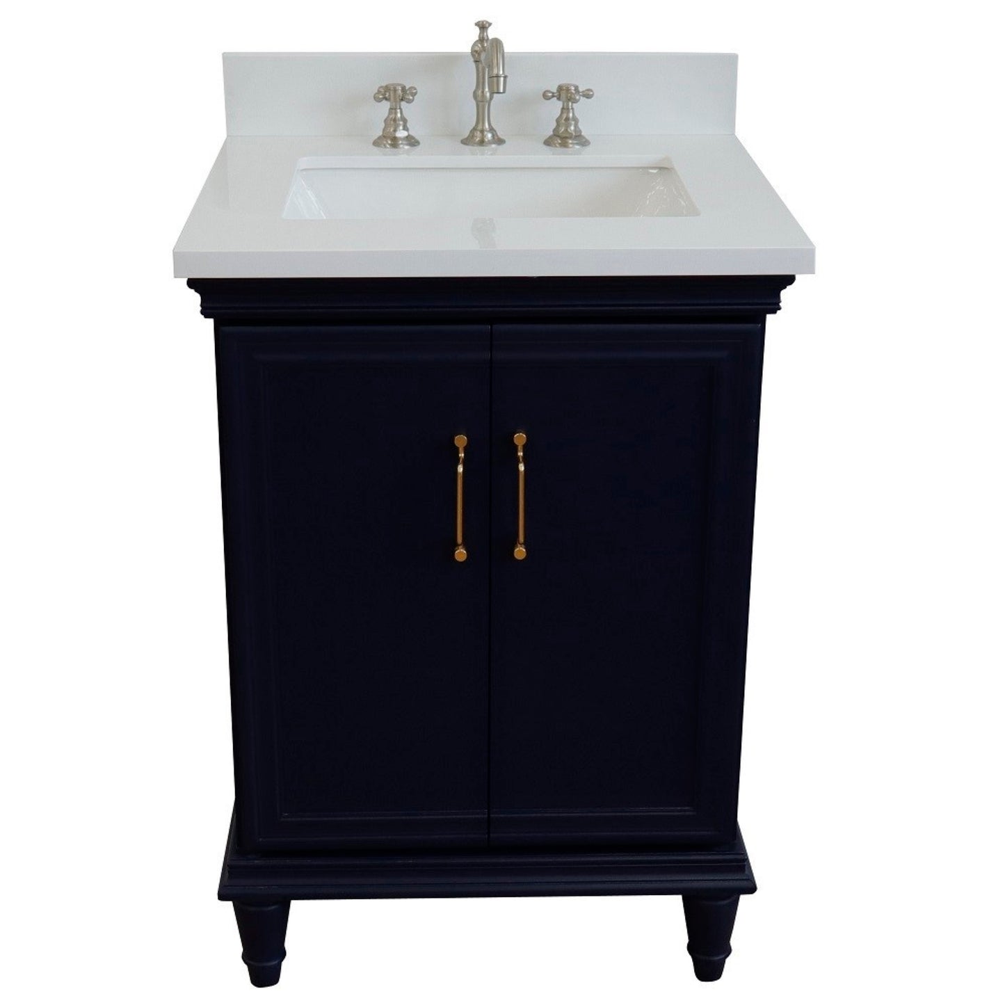 25" Single vanity in Blue finish with White engineered stone and rectangle sink