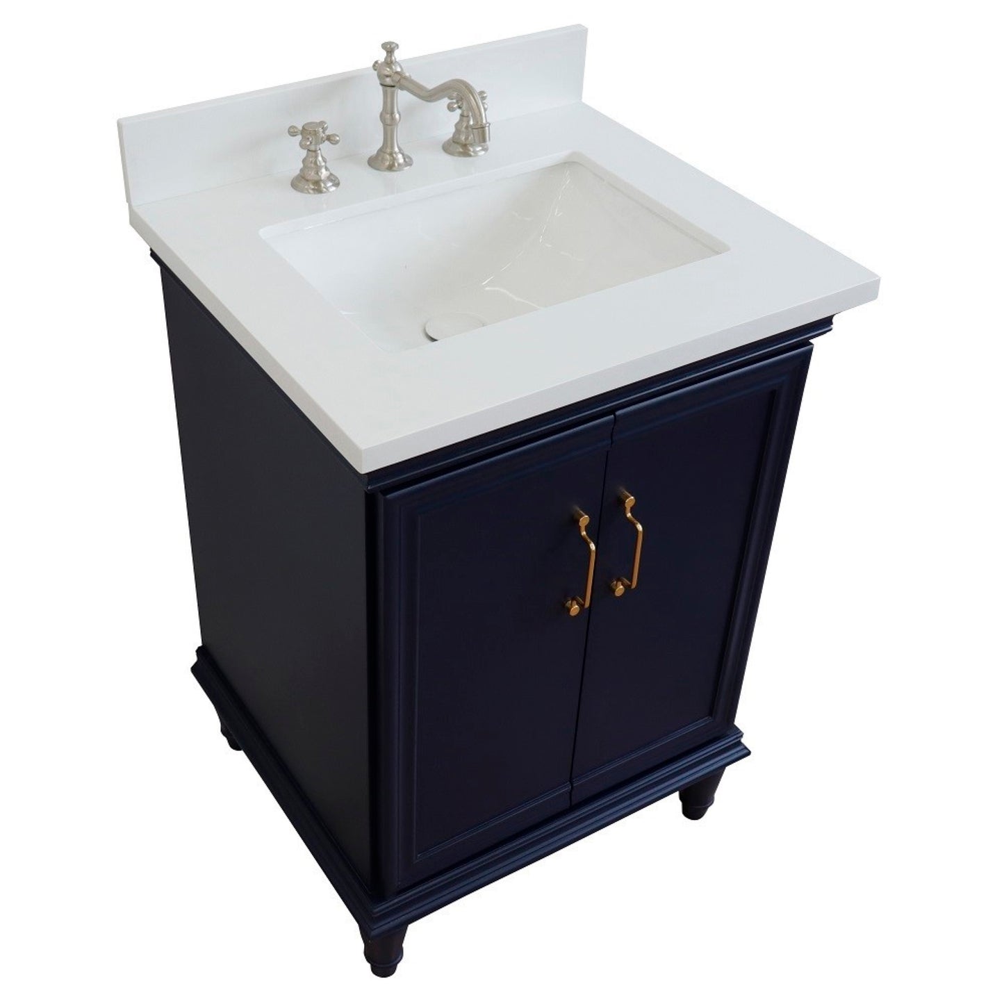 25" Single vanity in Blue finish with White engineered stone and rectangle sink