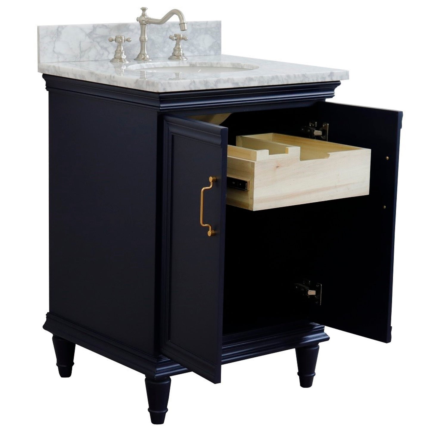 25" Single vanity in Blue finish with White Carrara and oval sink