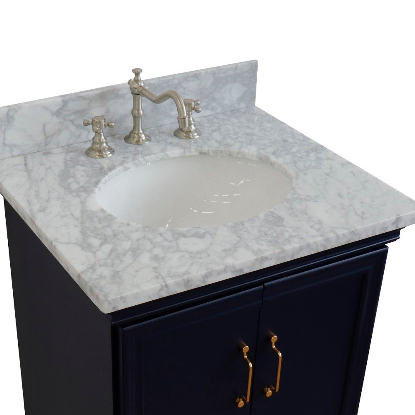 25" Single vanity in Blue finish with White Carrara and oval sink