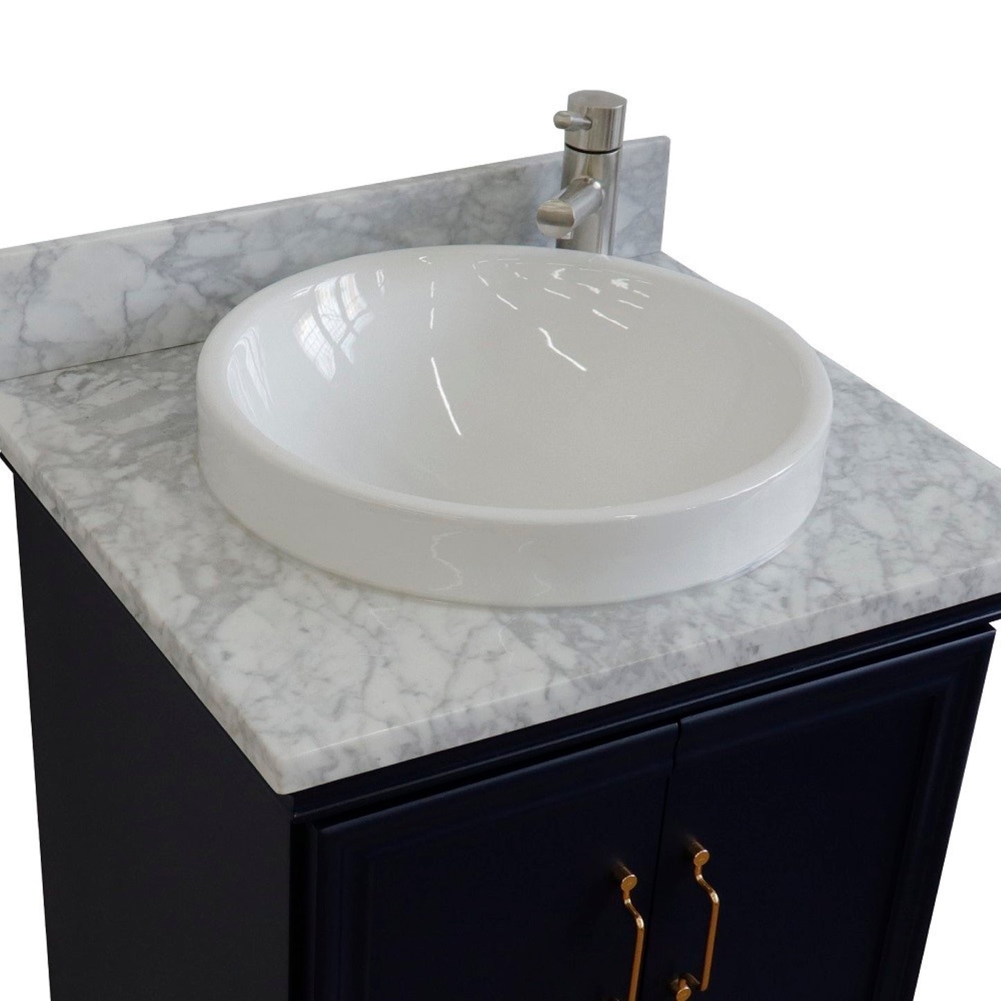 25" Single vanity in Blue finish with White Carrara and round sink
