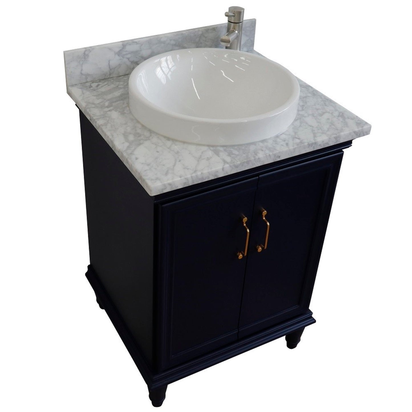 25" Single vanity in Blue finish with White Carrara and round sink