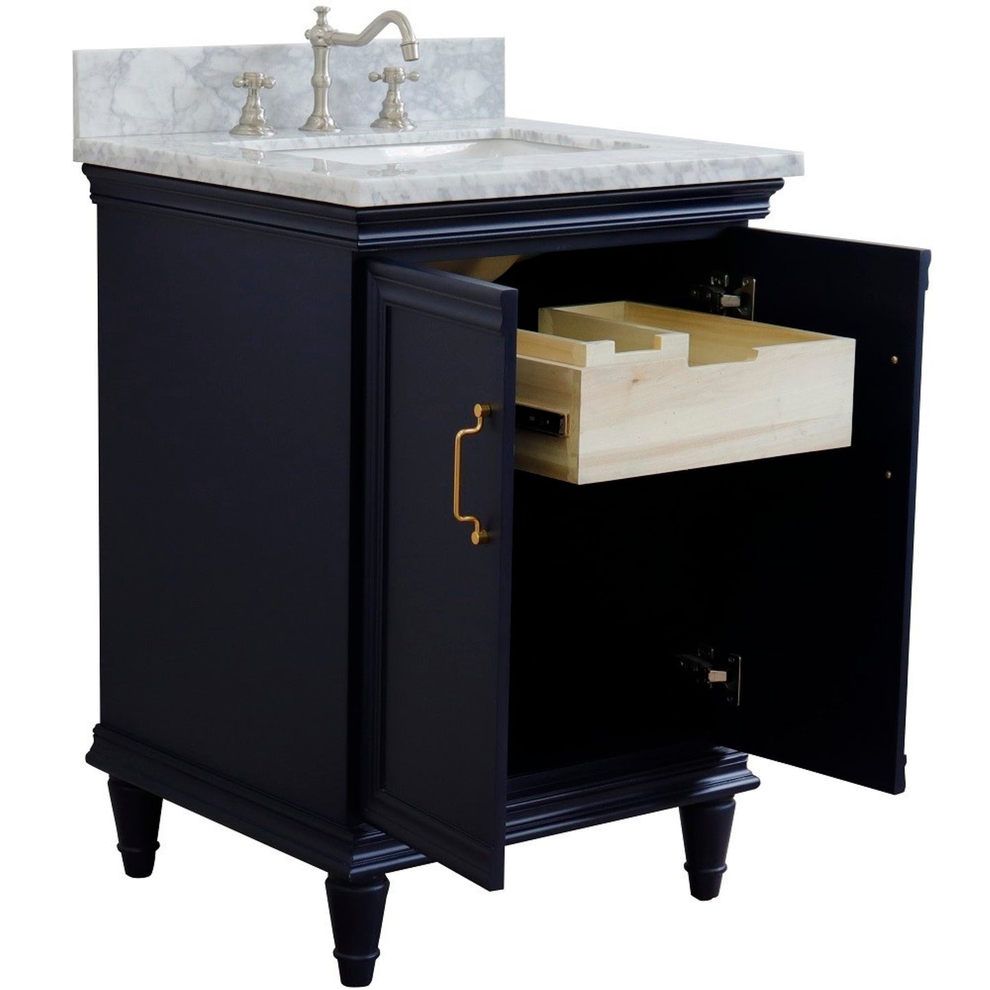 25" Single vanity in Blue finish with White Carrara and rectangle sink
