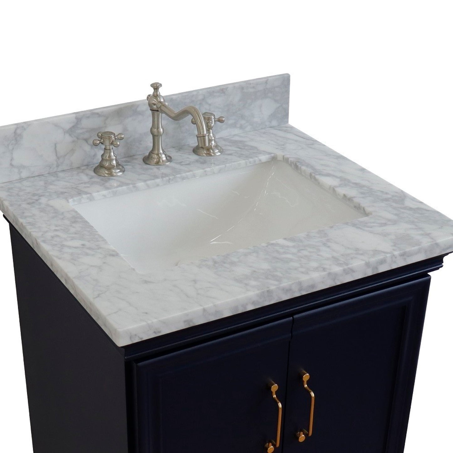 25" Single vanity in Blue finish with White Carrara and rectangle sink