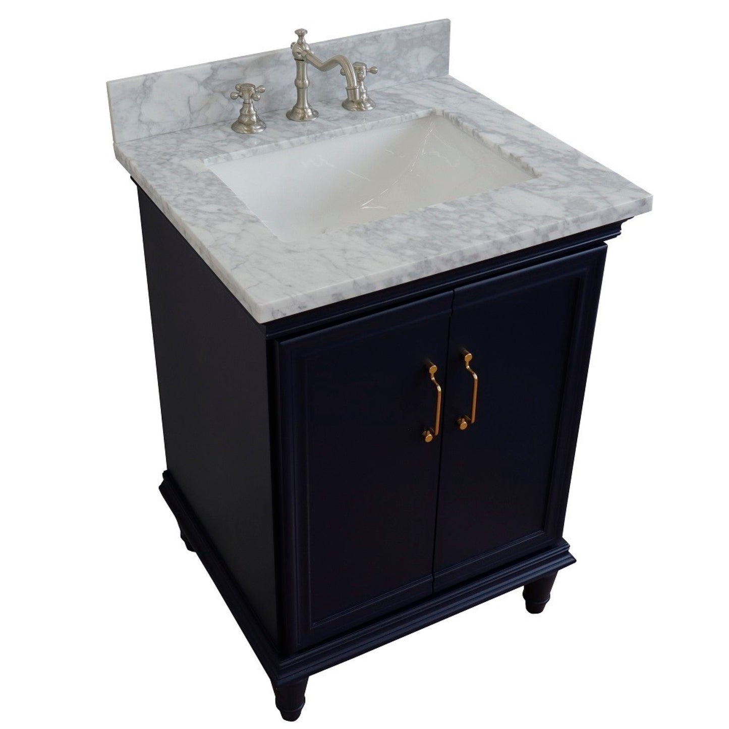 25" Single vanity in Blue finish with White Carrara and rectangle sink
