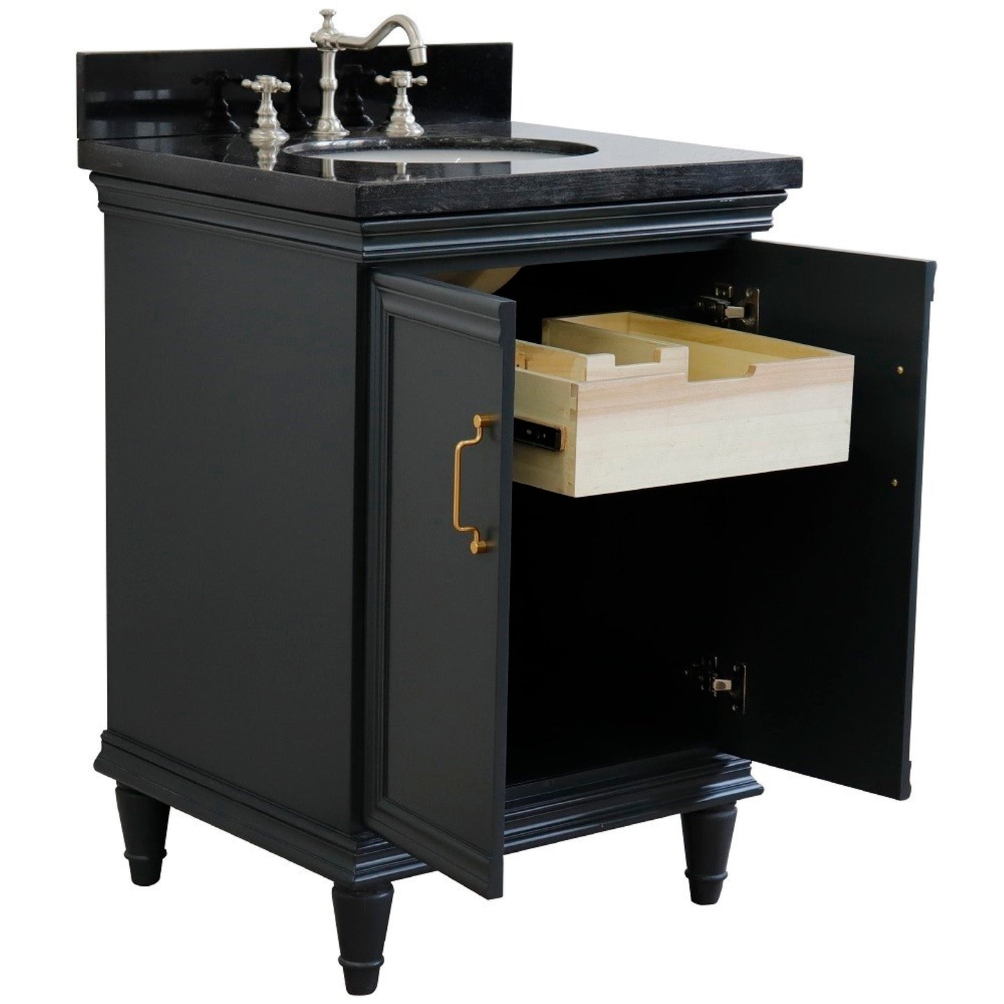 25" Single vanity in Dark Gray finish with Black galaxy and oval sink