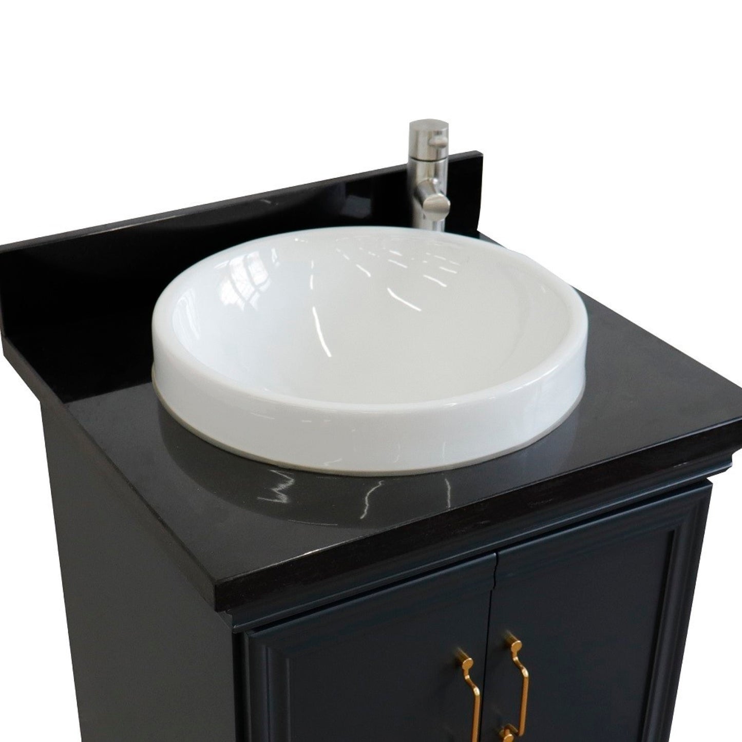 25" Single vanity in Dark Gray finish with Black galaxy and round sink