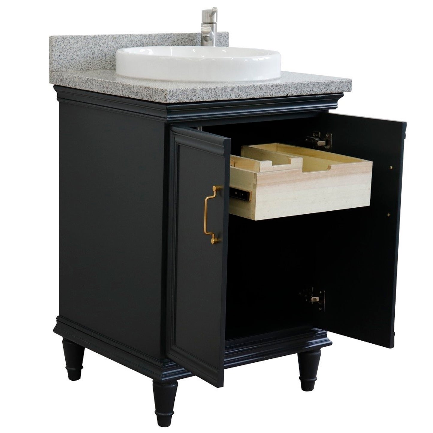 25" Single vanity in Dark Gray finish with Gray granite and round sink