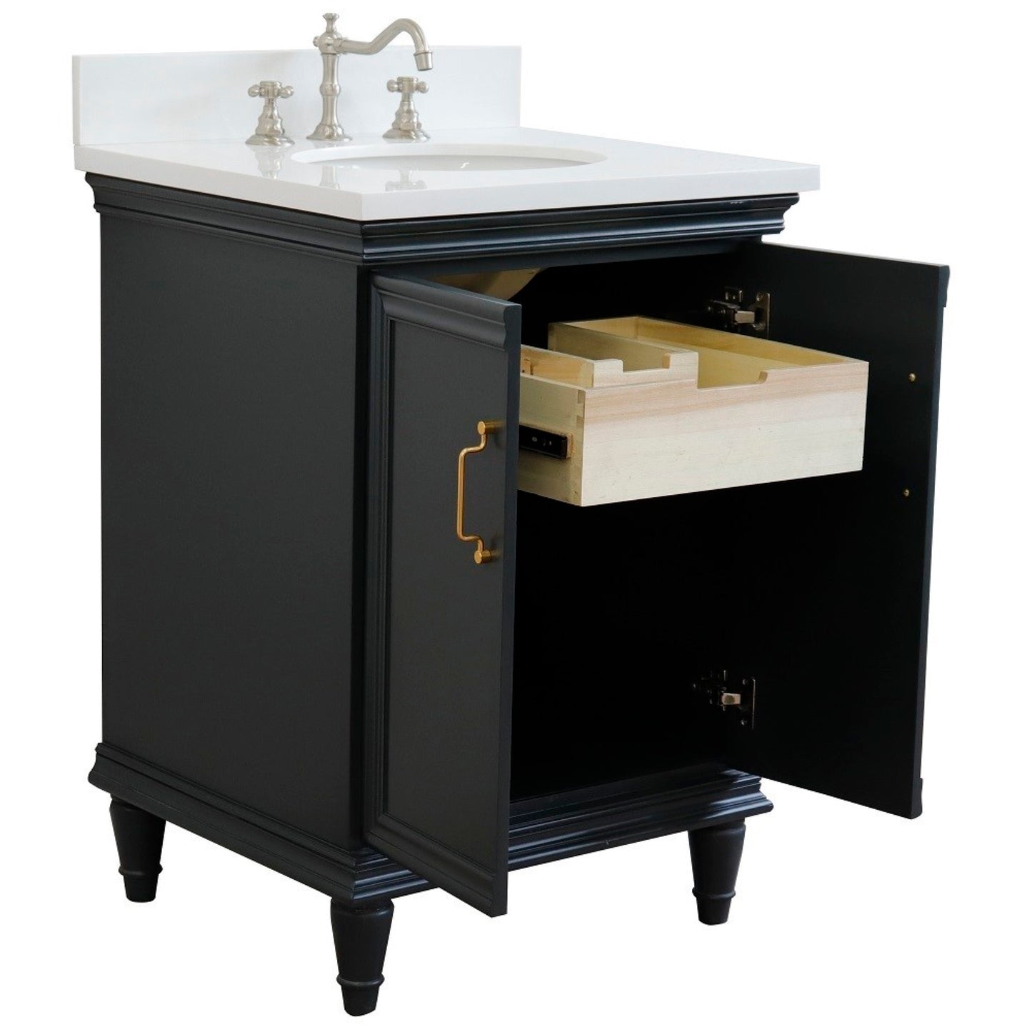 25" Single vanity in Dark Gray finish with White engineered stone and oval sink