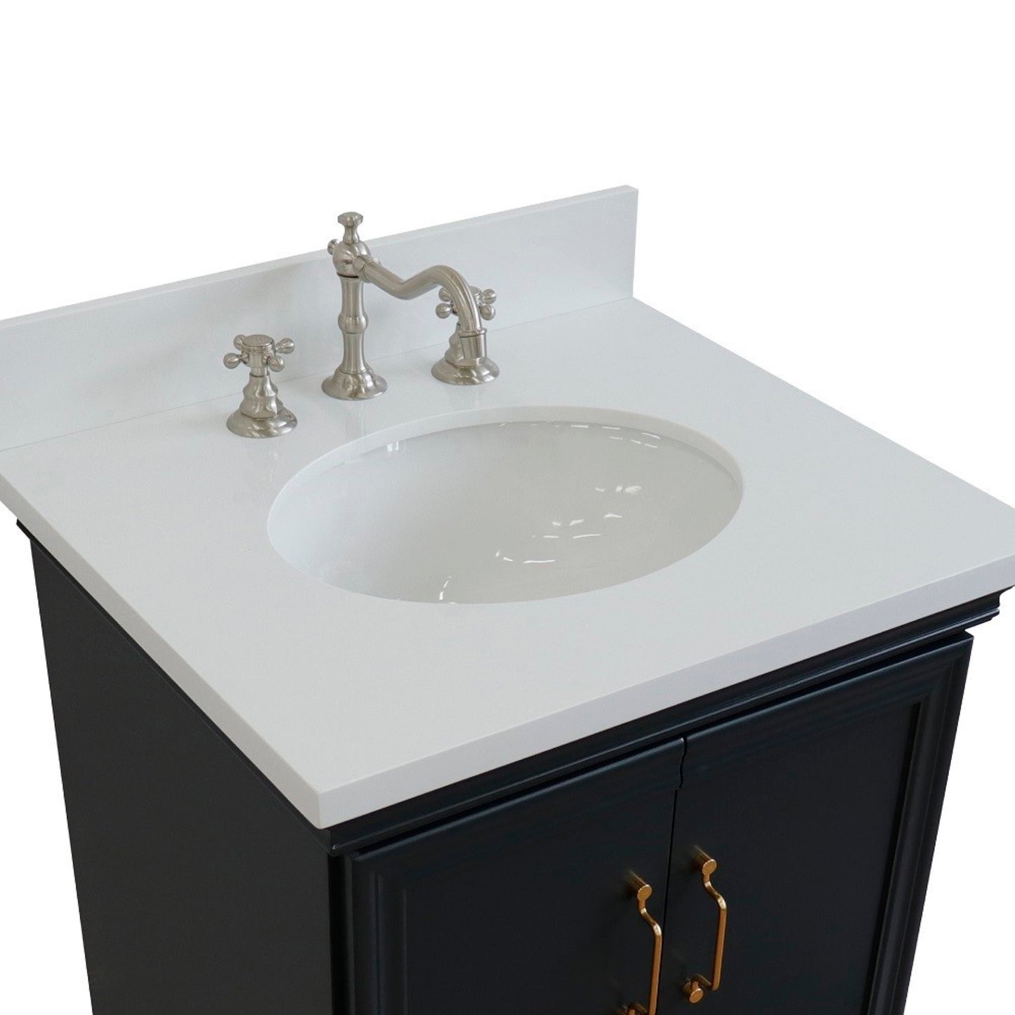 25" Single vanity in Dark Gray finish with White engineered stone and oval sink