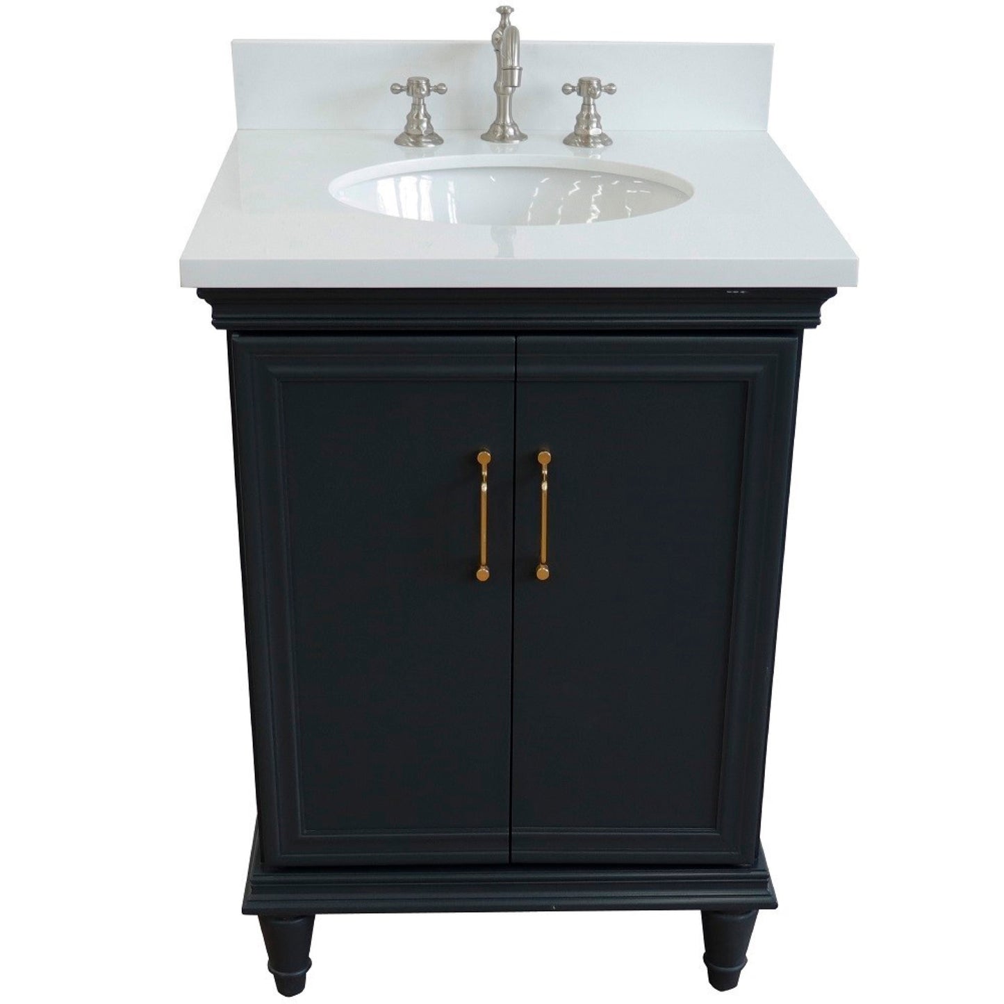 25" Single vanity in Dark Gray finish with White engineered stone and oval sink