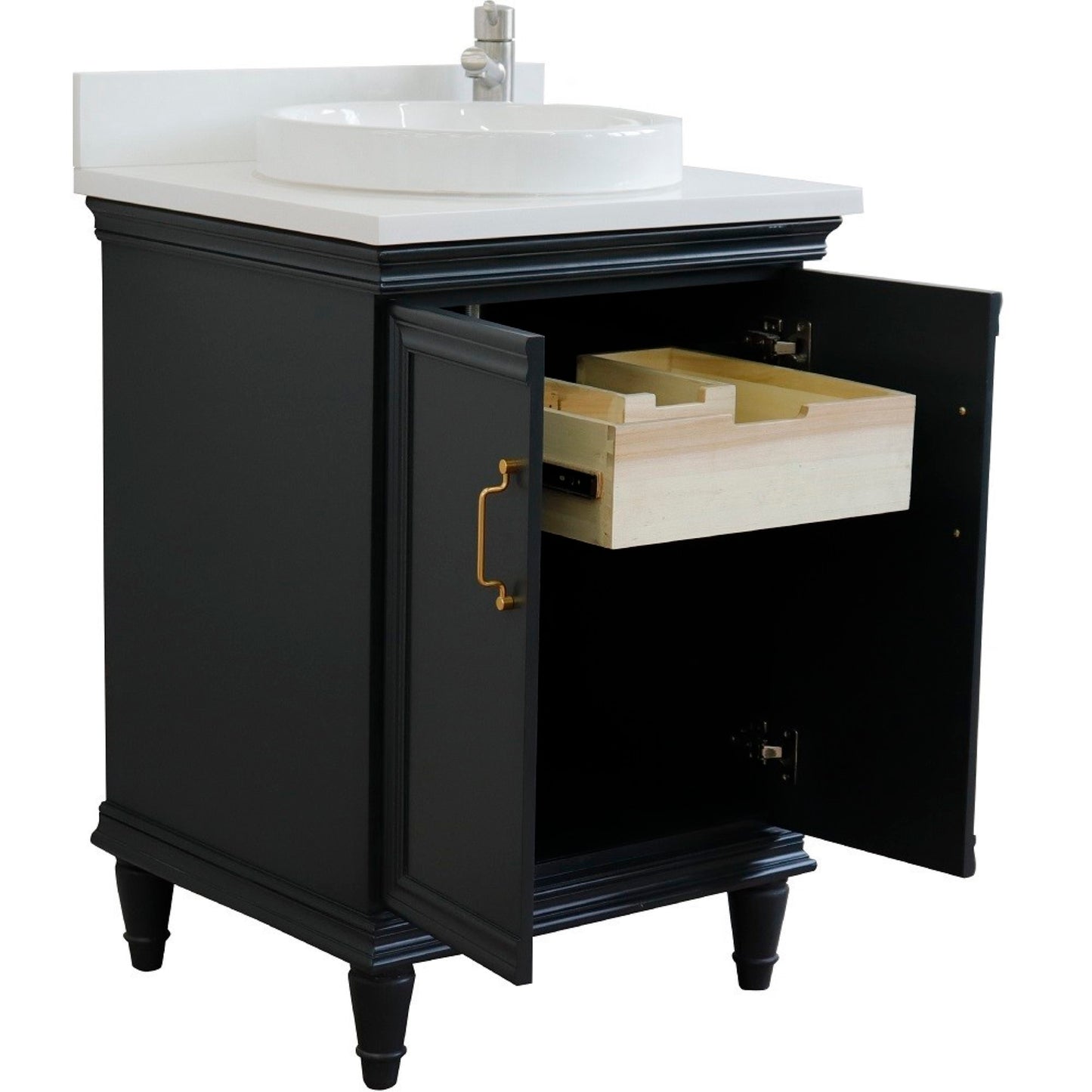 25" Single vanity in Dark Gray finish with White engineered stone and round sink