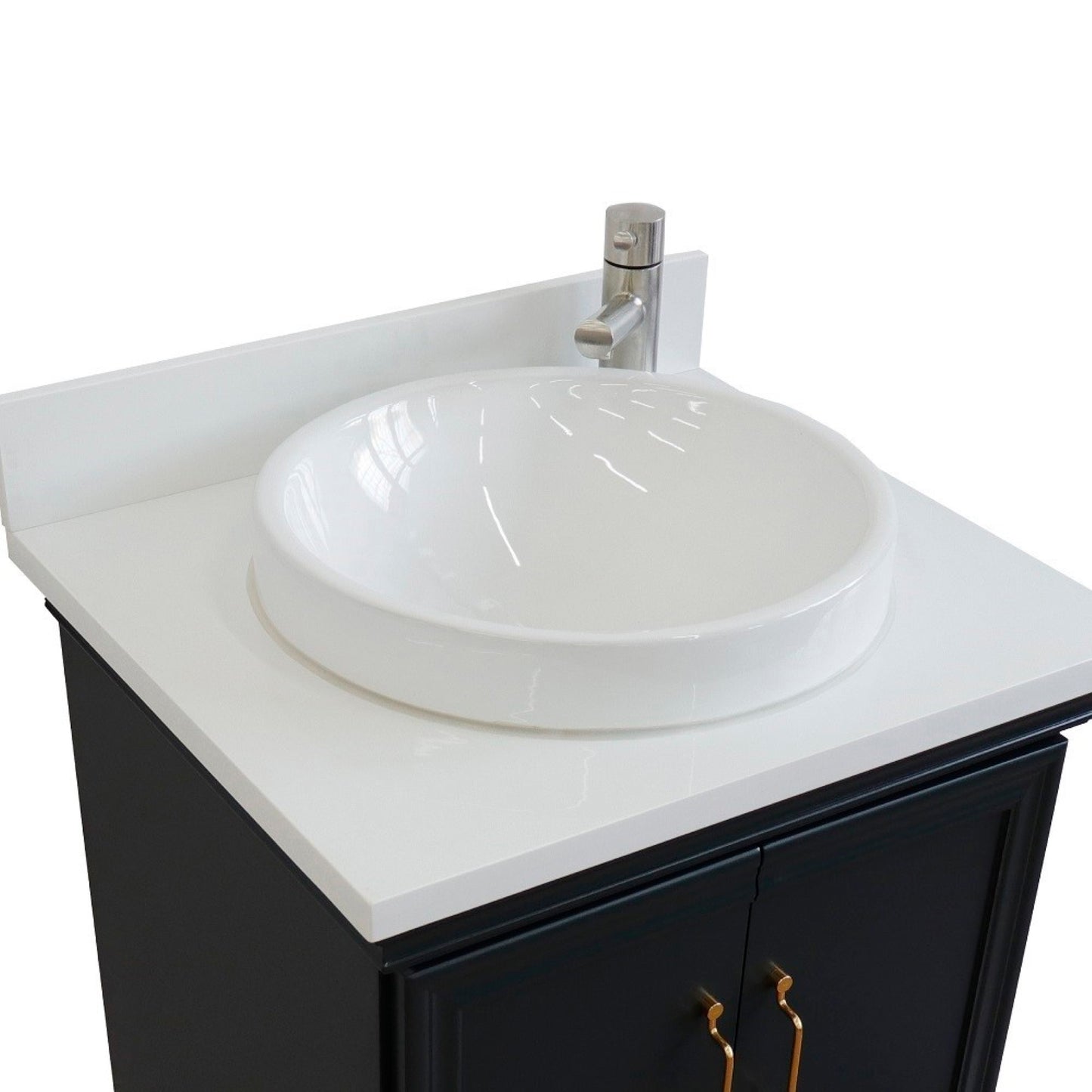 25" Single vanity in Dark Gray finish with White engineered stone and round sink