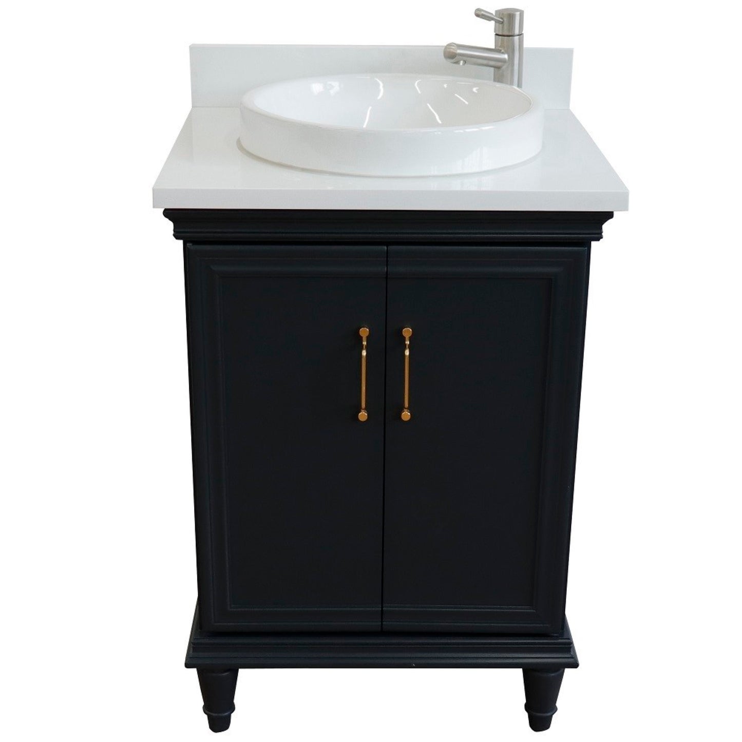25" Single vanity in Dark Gray finish with White engineered stone and round sink