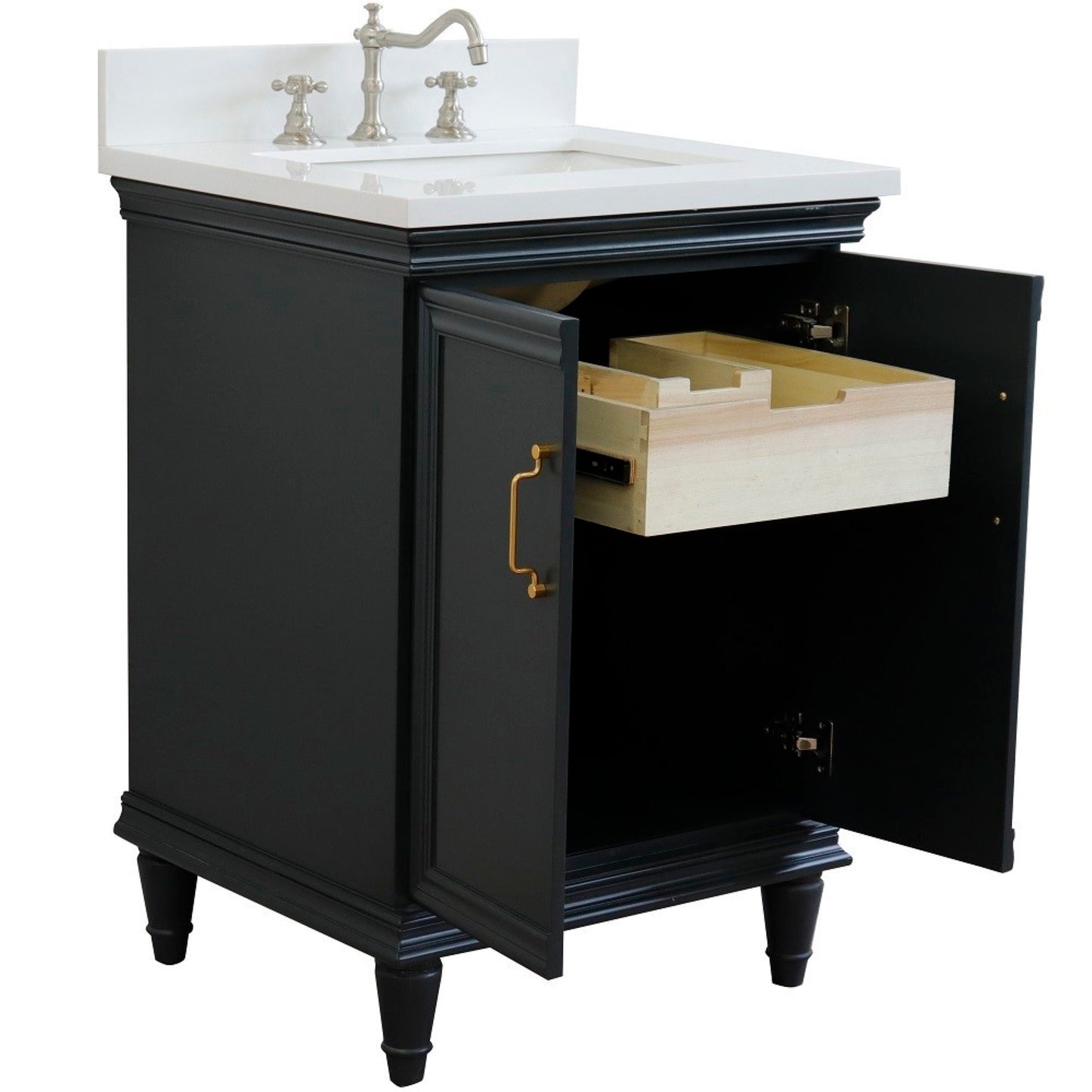 25" Single vanity in Dark Gray finish with White engineered stone and rectangle sink