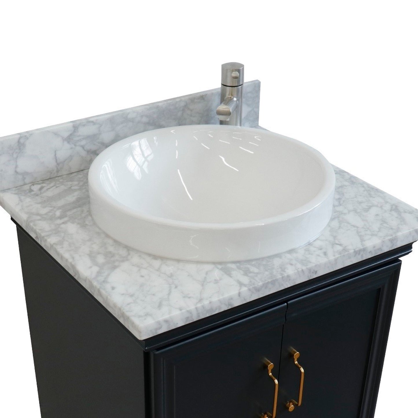 25" Single vanity in Dark Gray finish with White Carrara and round sink