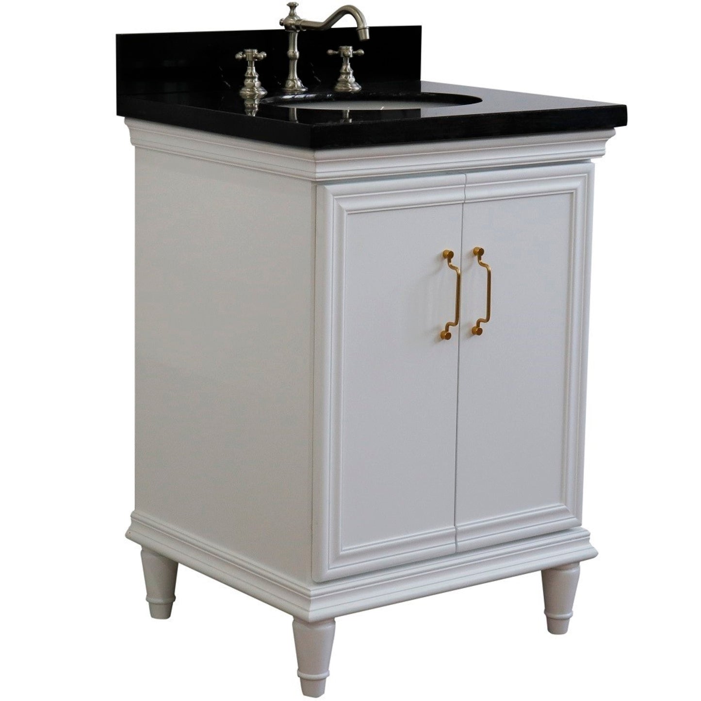 25" Single vanity in White finish with Black galaxy and oval sink
