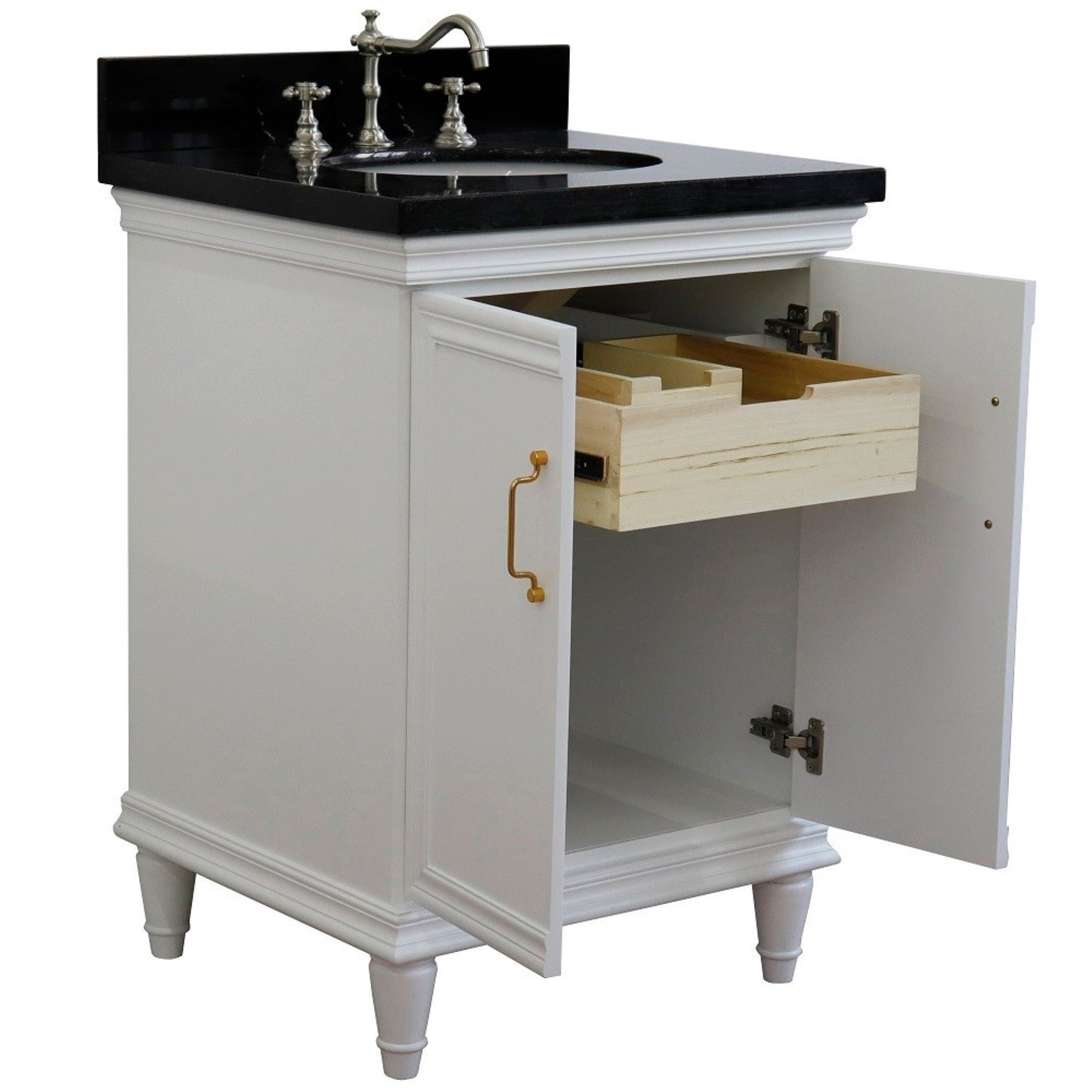 25" Single vanity in White finish with Black galaxy and oval sink
