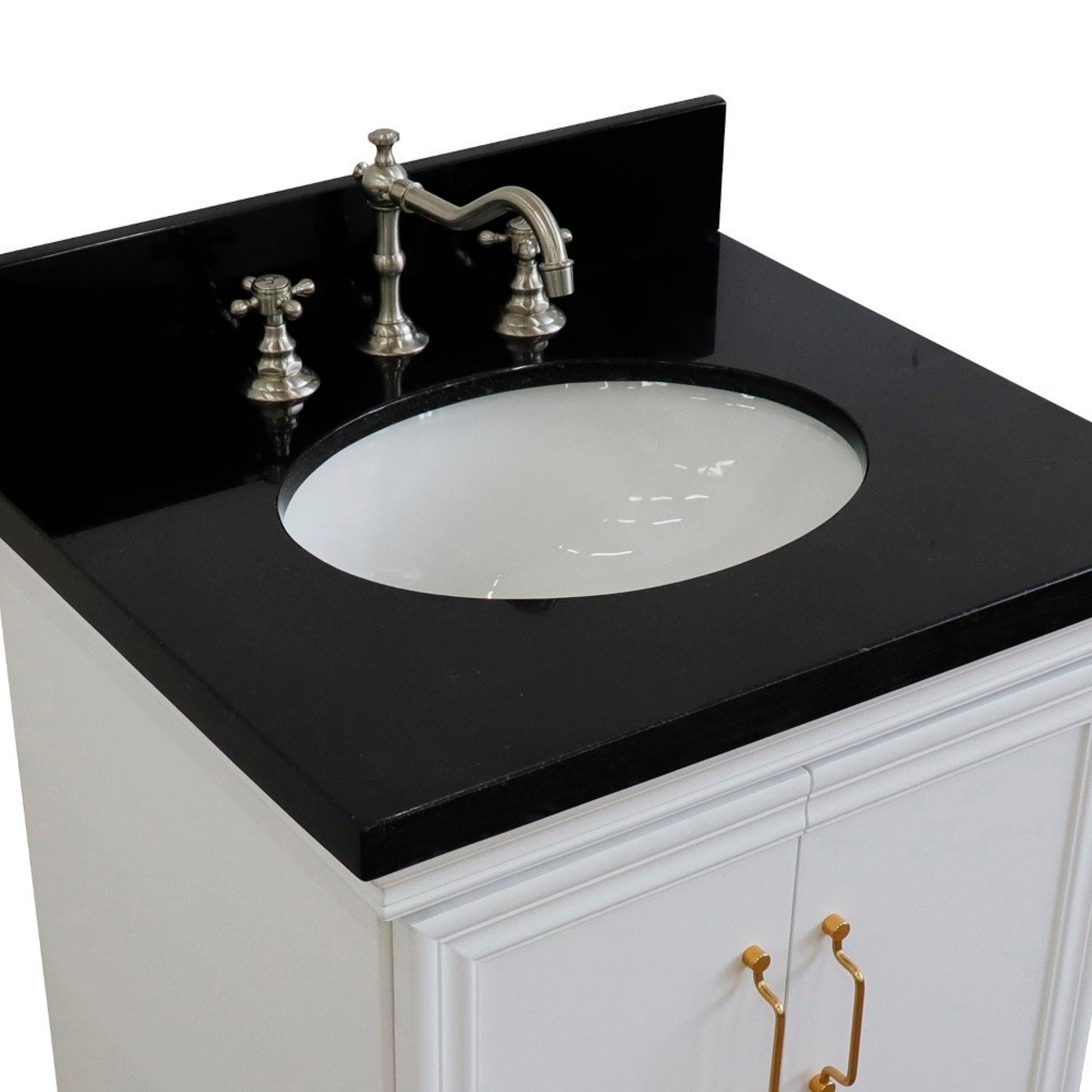 25" Single vanity in White finish with Black galaxy and oval sink