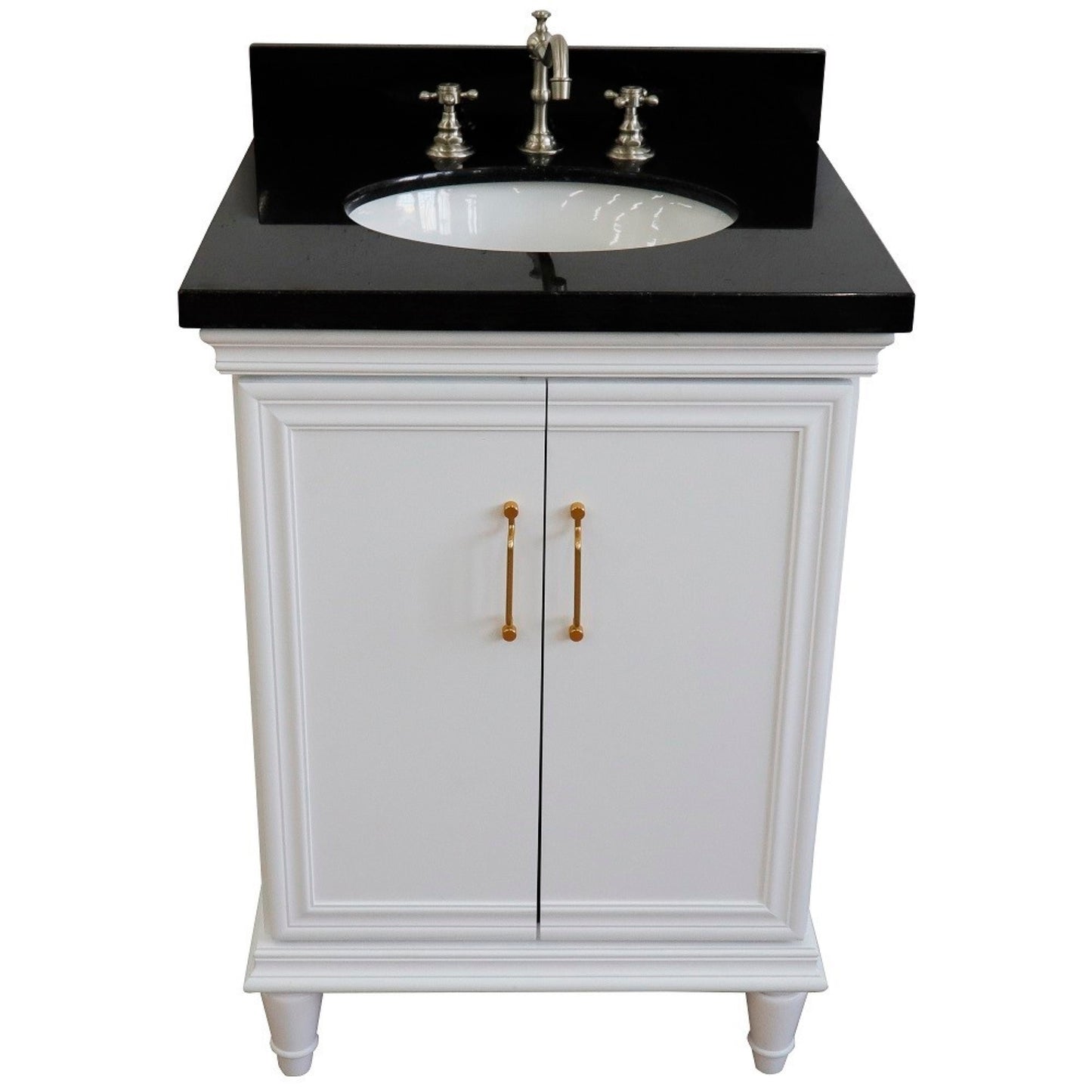 25" Single vanity in White finish with Black galaxy and oval sink