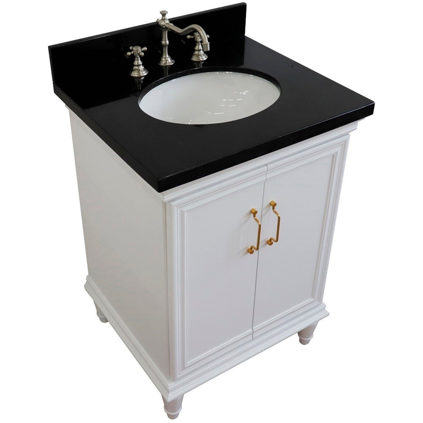 25" Single vanity in White finish with Black galaxy and oval sink