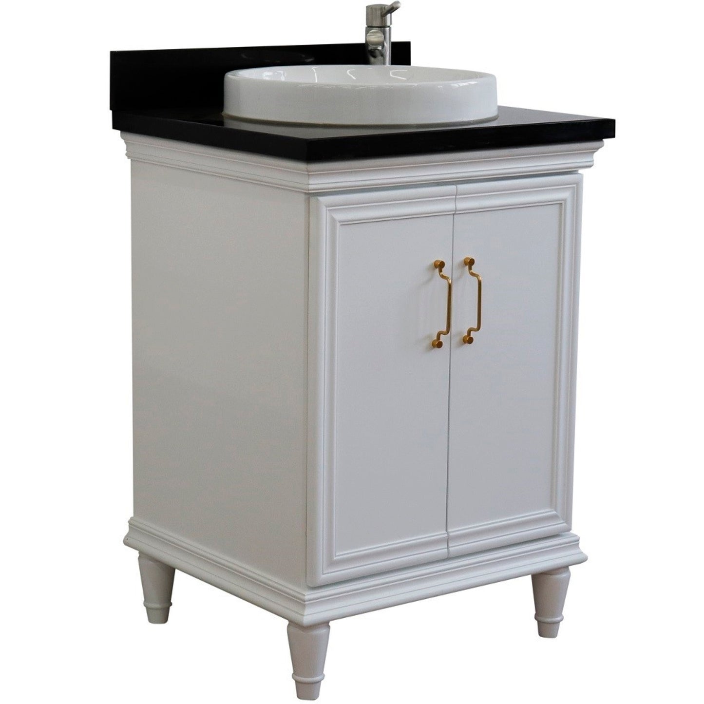 25" Single vanity in White finish with Black galaxy and round sink