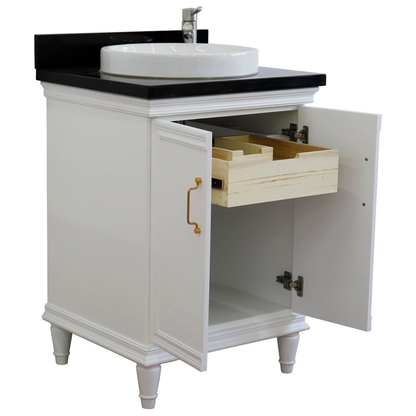 25" Single vanity in White finish with Black galaxy and round sink