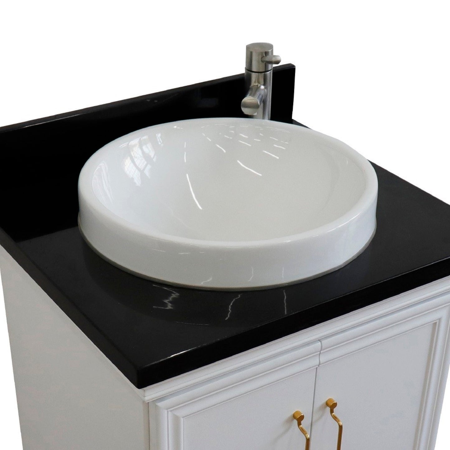 25" Single vanity in White finish with Black galaxy and round sink