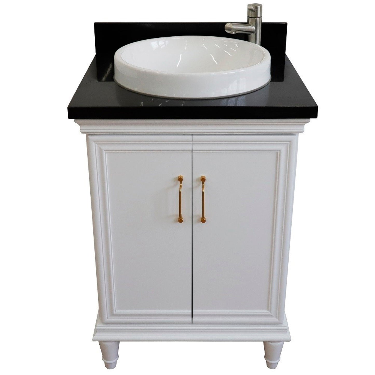 25" Single vanity in White finish with Black galaxy and round sink