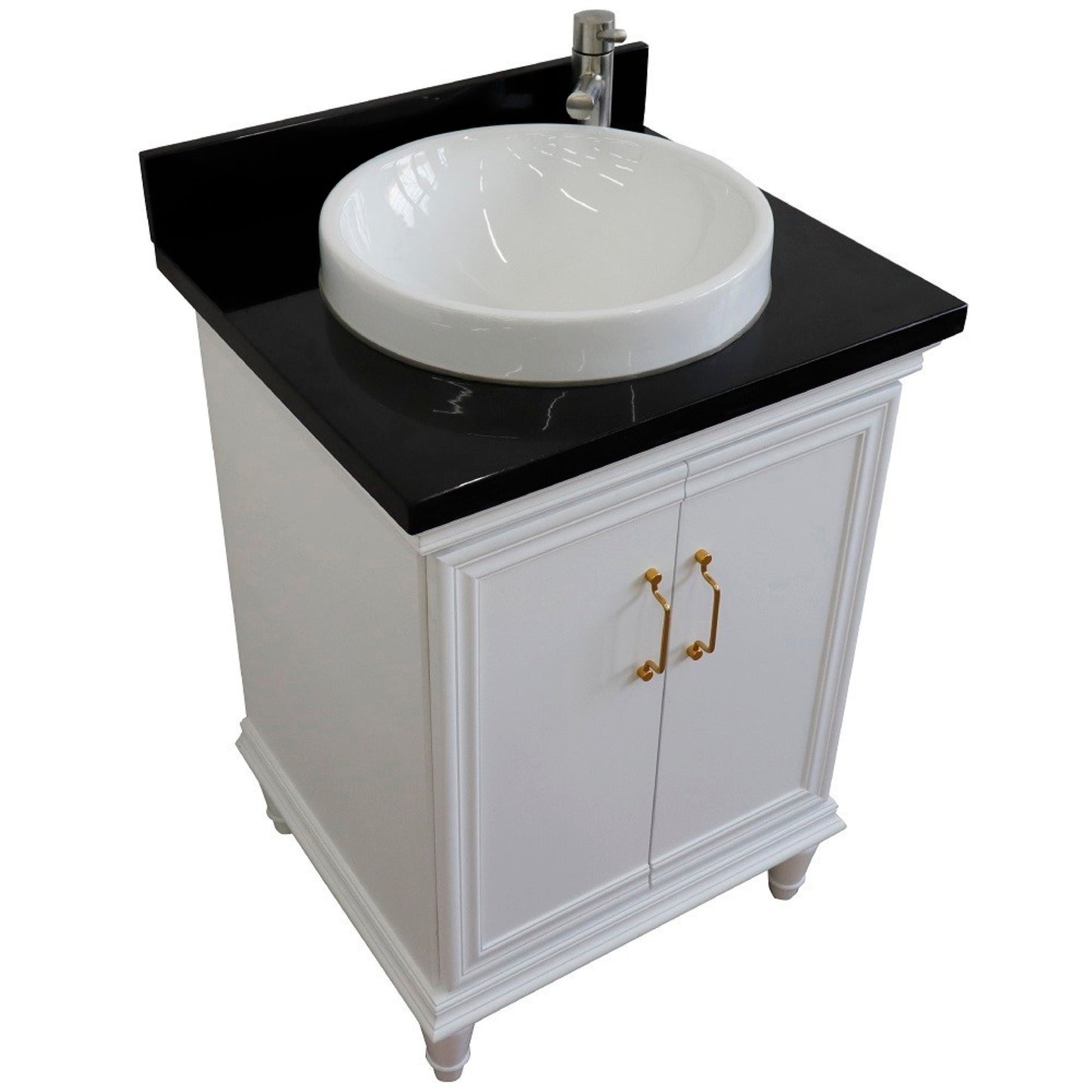 25" Single vanity in White finish with Black galaxy and round sink