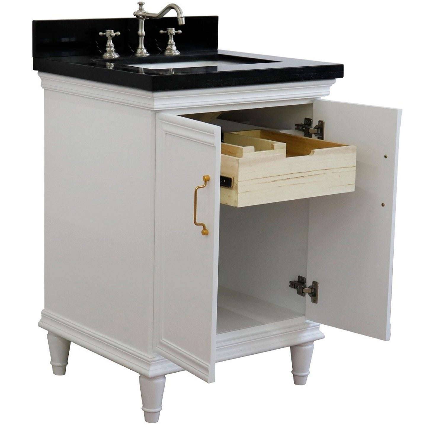 25" Single vanity in White finish with Black galaxy and rectangle sink