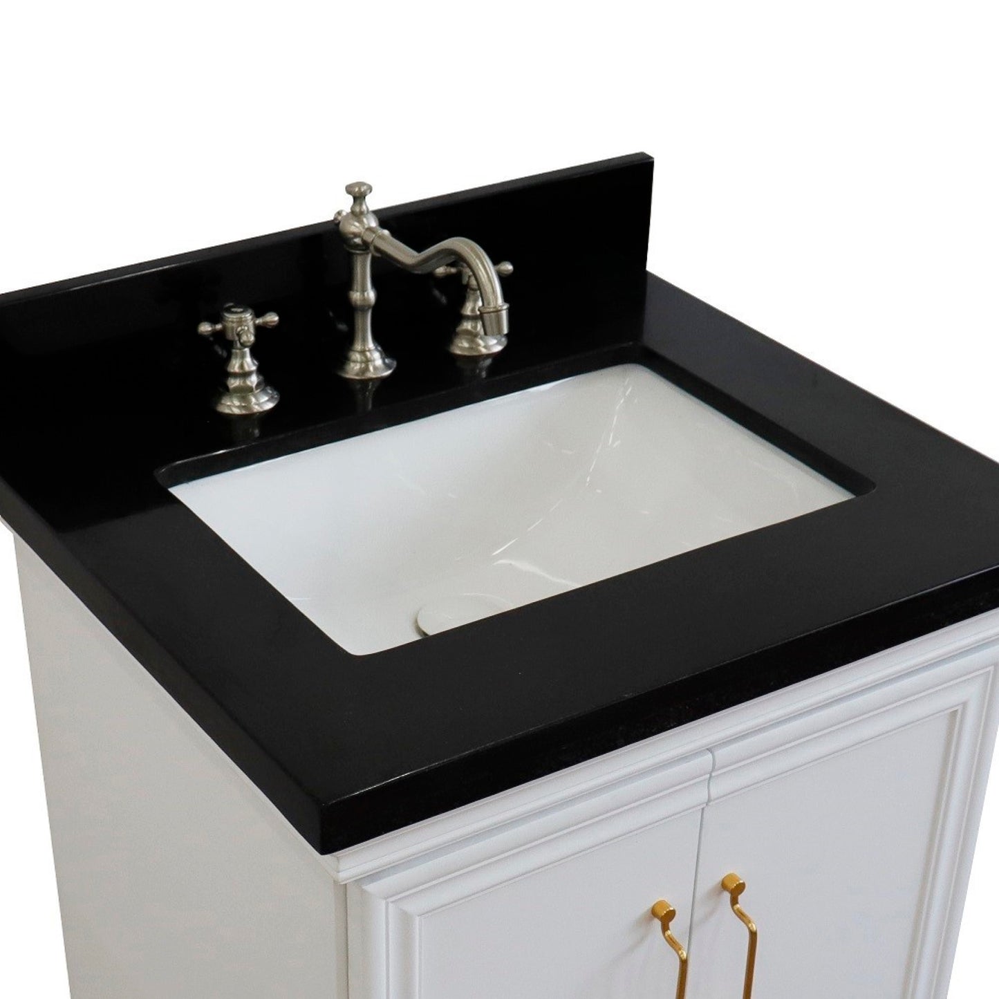 25" Single vanity in White finish with Black galaxy and rectangle sink
