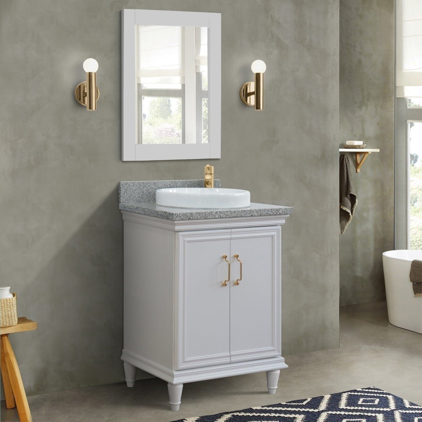 25" Single vanity in White finish with Gray granite and round sink
