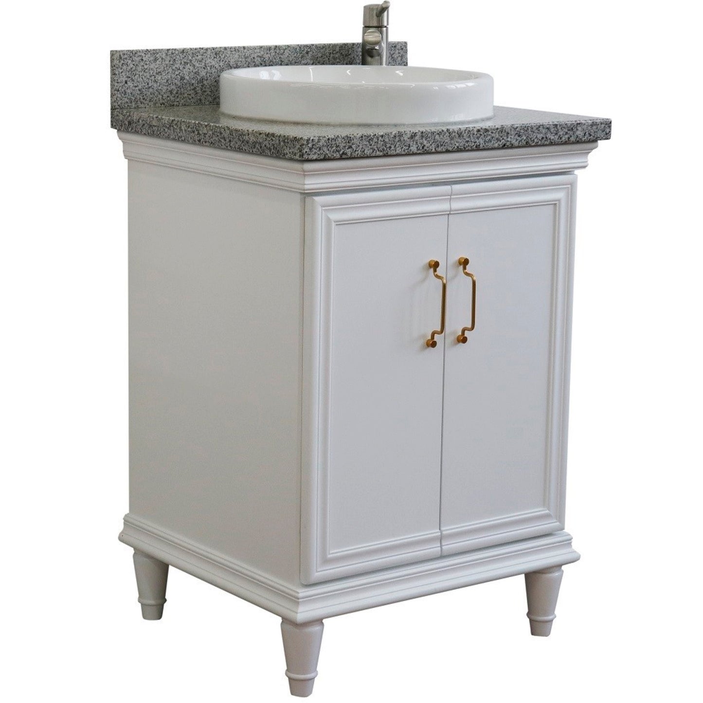 25" Single vanity in White finish with Gray granite and round sink