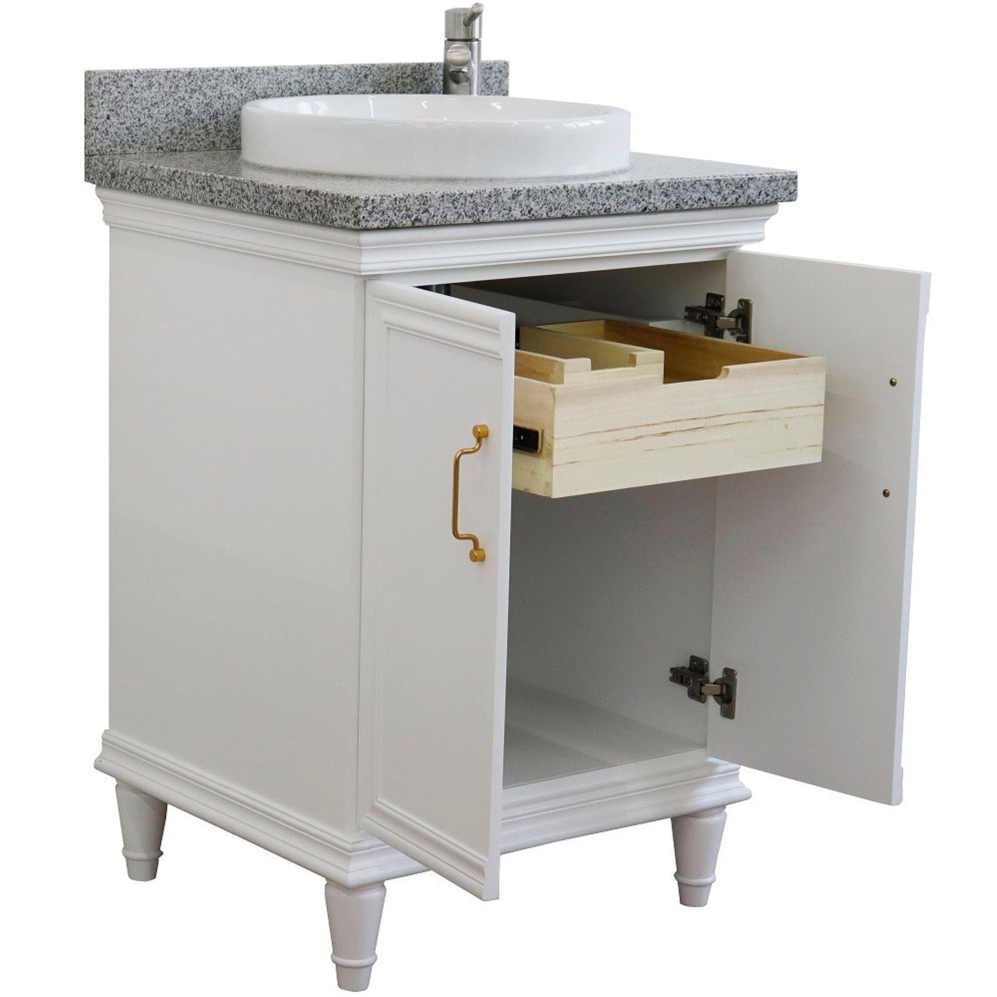 25" Single vanity in White finish with Gray granite and round sink