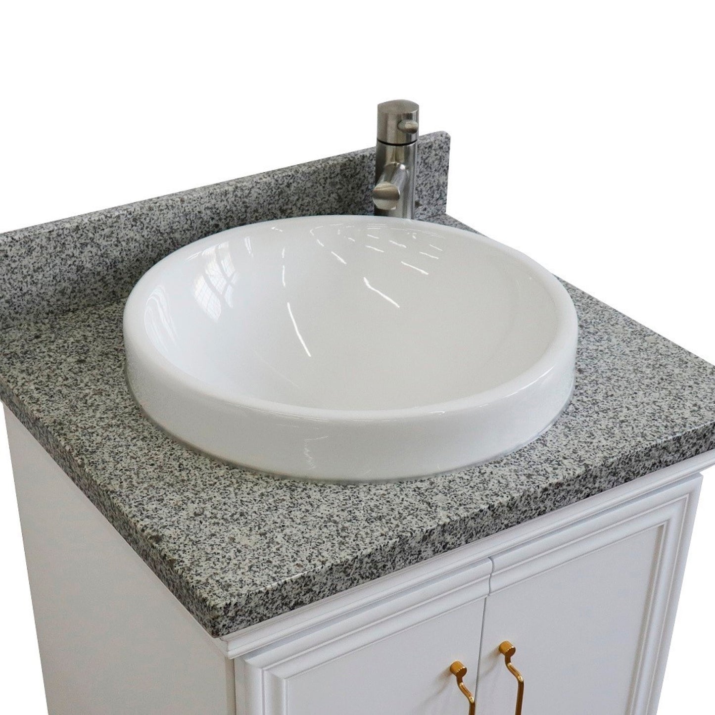 25" Single vanity in White finish with Gray granite and round sink