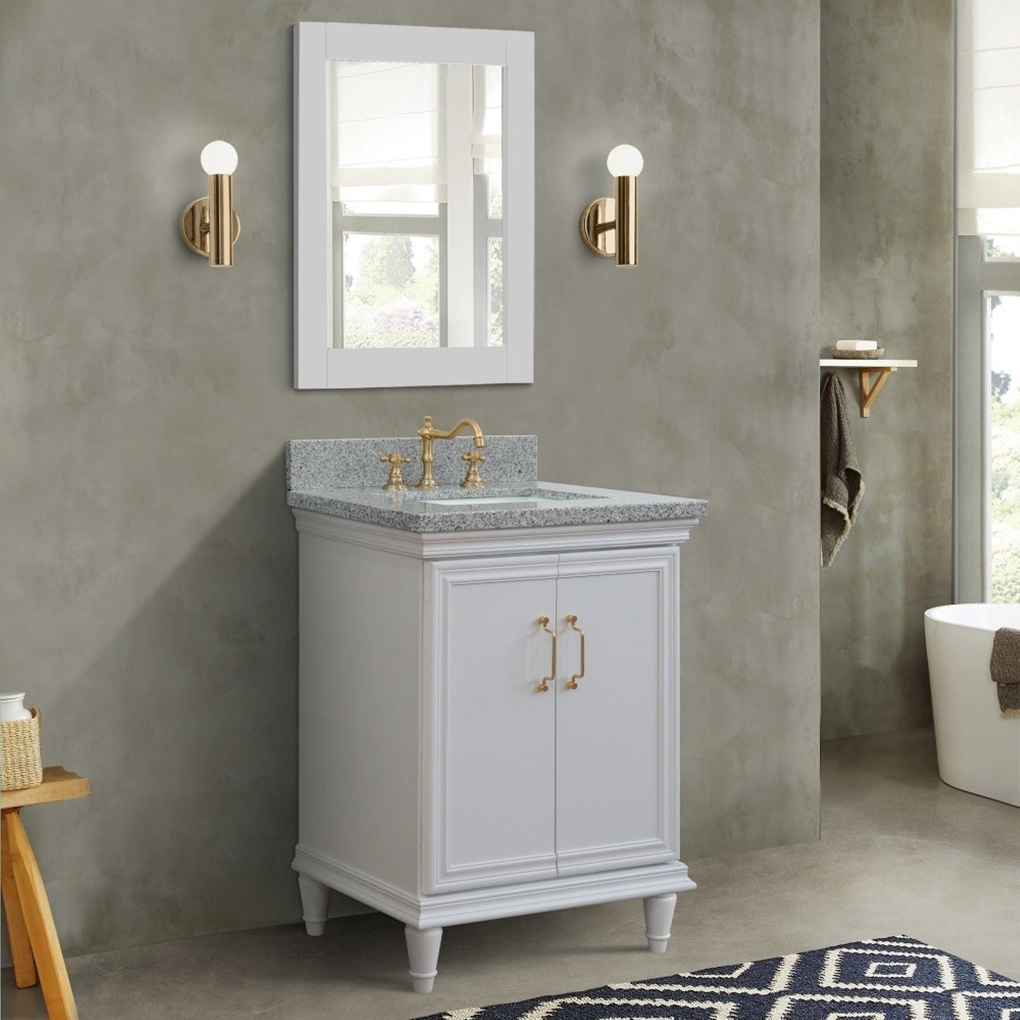25" Single vanity in White finish with Gray granite and rectangle sink