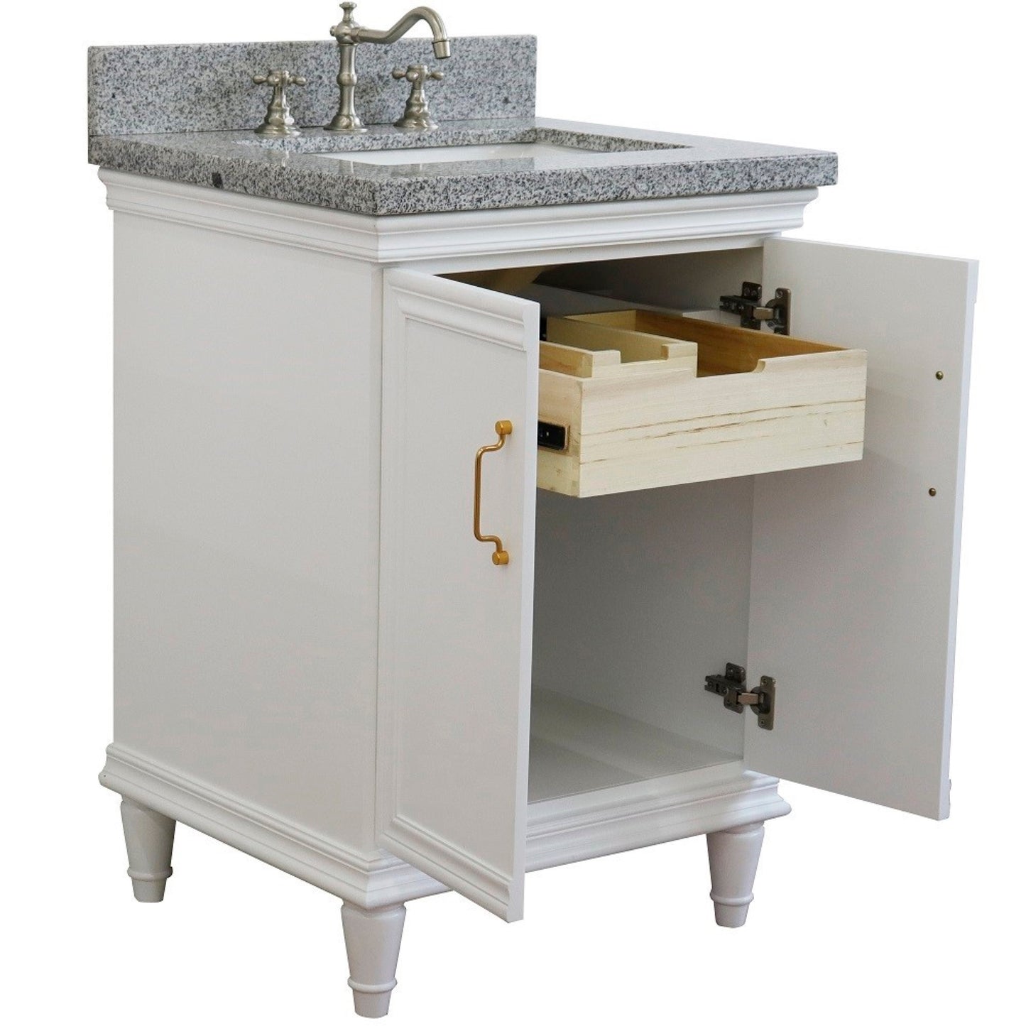 25" Single vanity in White finish with Gray granite and rectangle sink