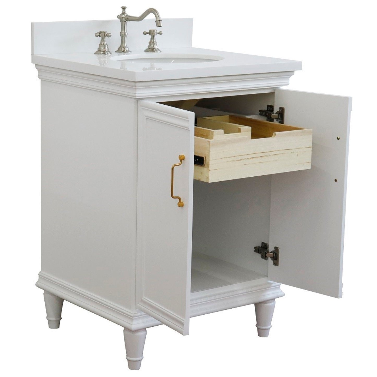25" Single vanity in White finish with White engineered stone and oval sink