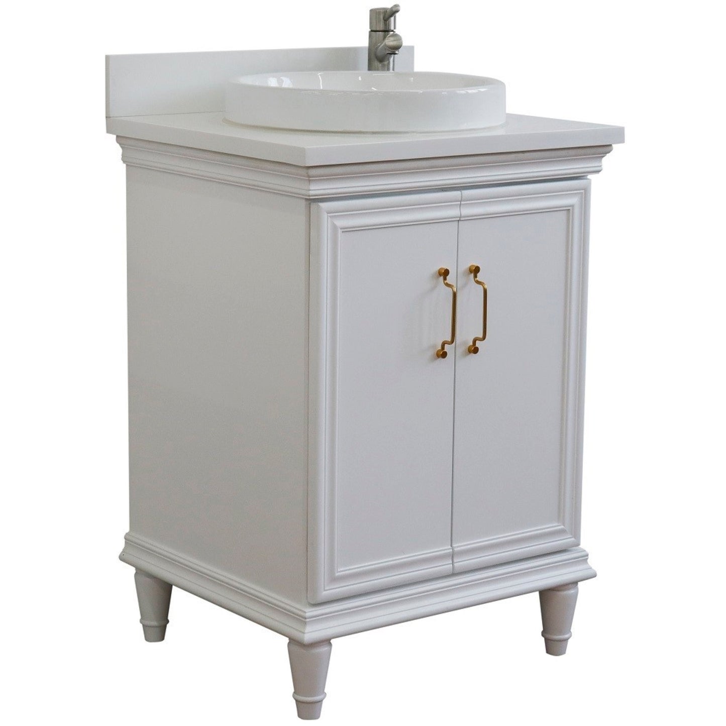 25" Single vanity in White finish with White engineered stone and round sink