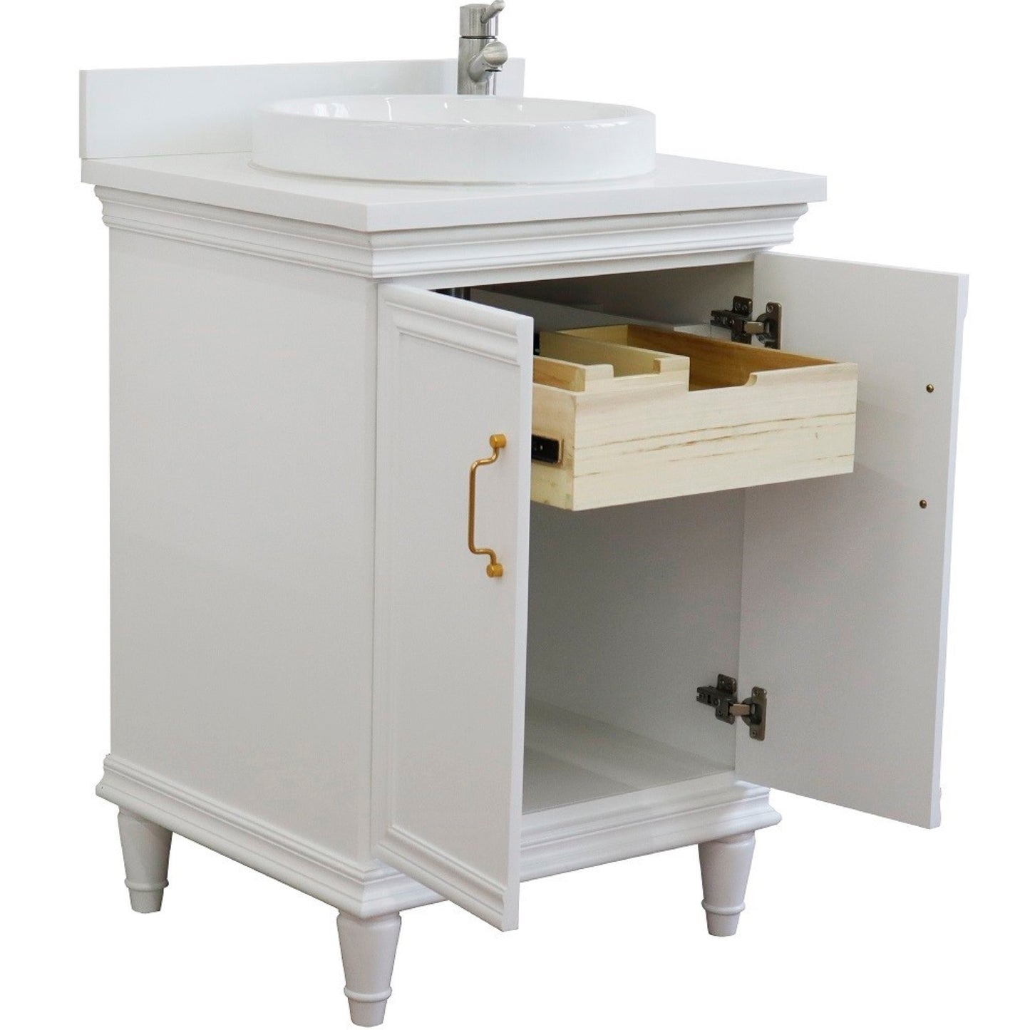 25" Single vanity in White finish with White engineered stone and round sink