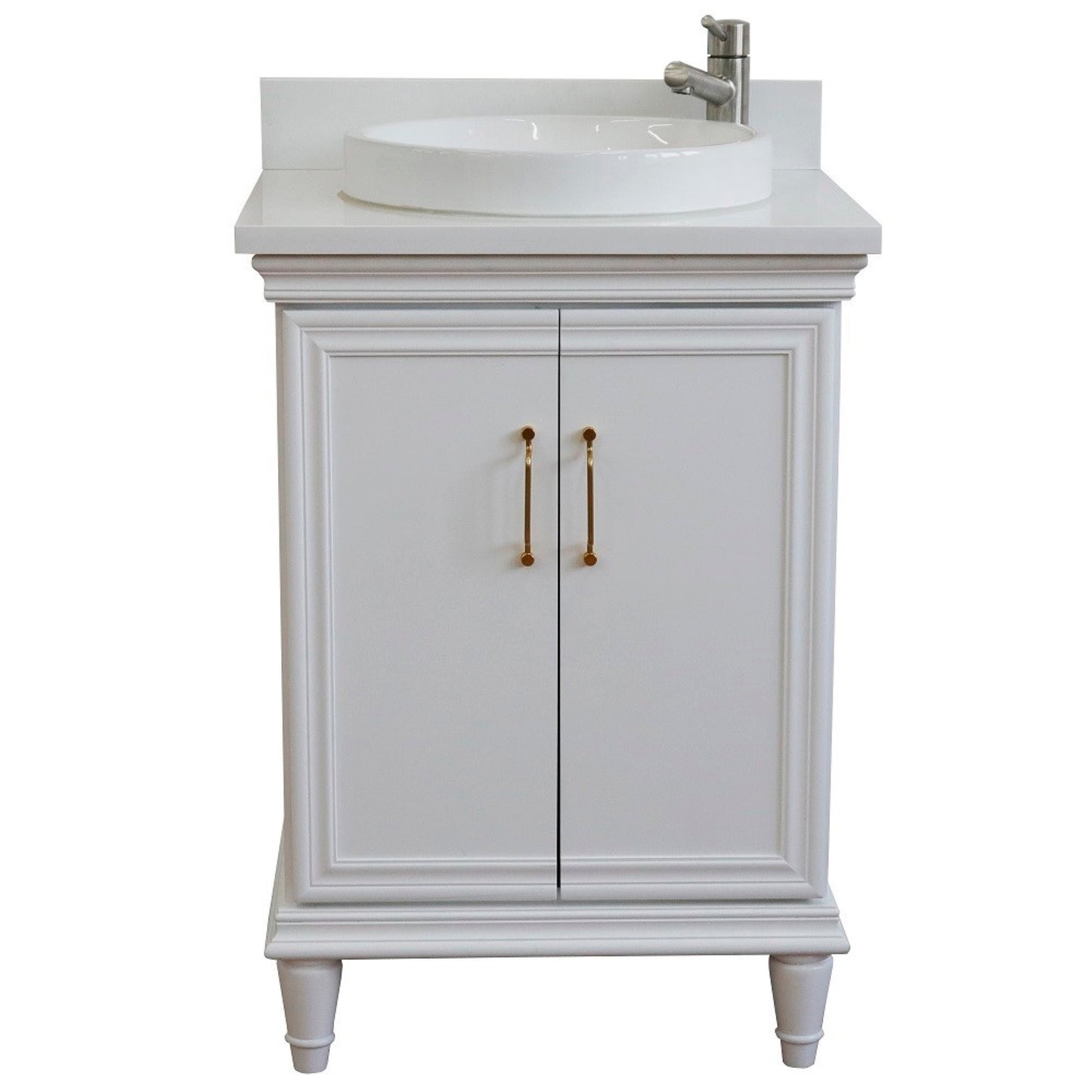 25" Single vanity in White finish with White engineered stone and round sink